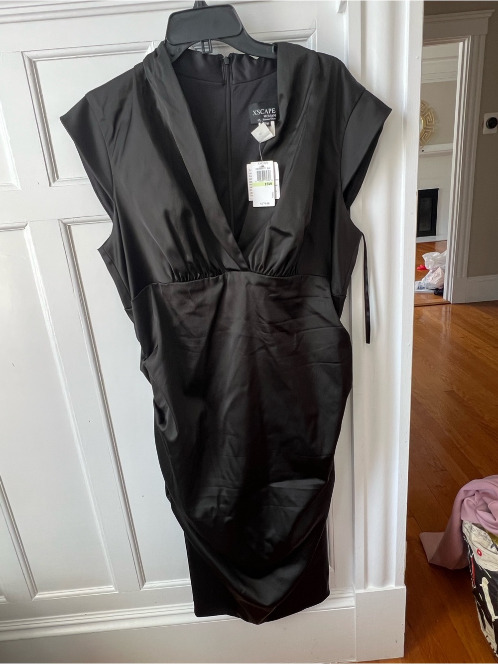 Xscape Black Satin V-Neck Cap Sleeve Midi Dress